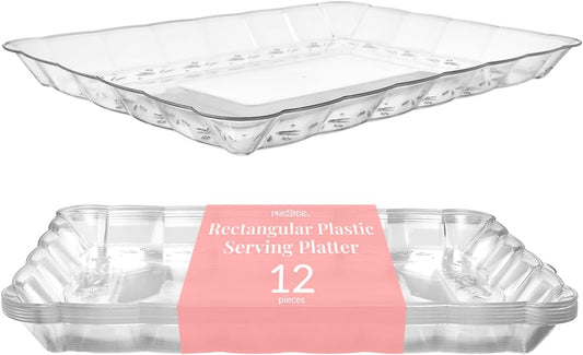 Prestee 12-Pack Serving Tray - 9x13 Inches Disposable Rectangular Plastic Food Tray for Parties and Events - Clear Platters for Dessert Table Displays, Appetizers, Snacks, and More
