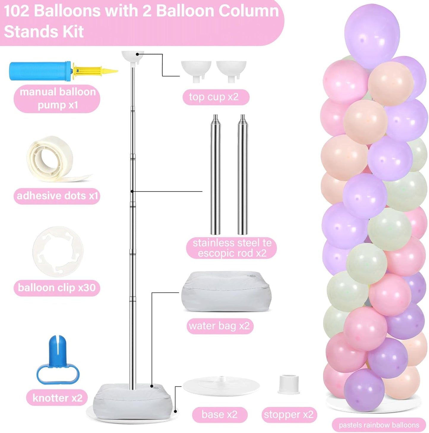 2 Set Black and Gold Balloons Column Stand Kit with 100 Balloons Adjustable Balloon Stand with Bases for Floor Black Gold Confetti Balloon Column Kit for Bridal Shower Valentine Birthday Party Decor