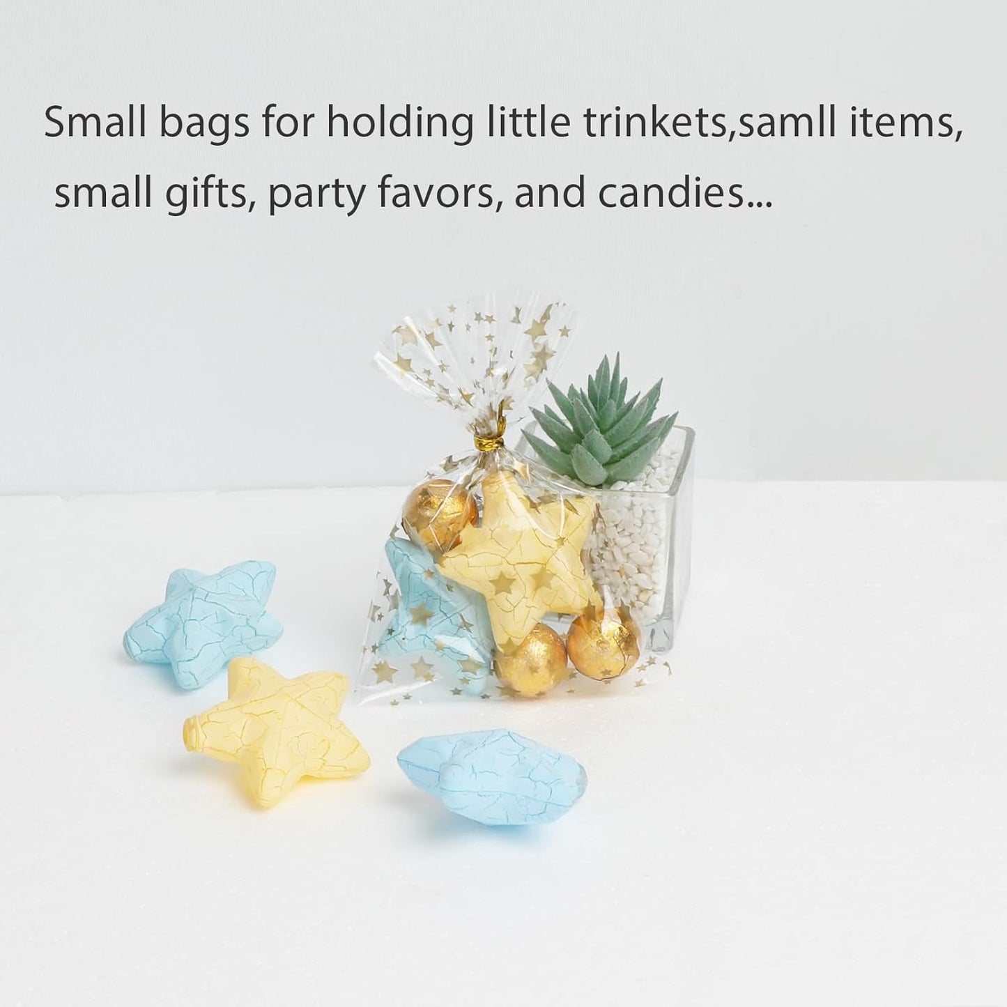 100 Pcs Star Printed 5"X 7" Gift Wrap Cello Cellophane Treat Bags Party Favor bags Clear Candy Cookie Bag Plastic Poly Goodie Storage Bag with Twist Ties for Bakery,Birthday, Wedding ,Party Decorations (Gold)