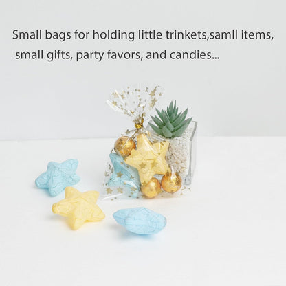 100 Pcs Star Printed 5"X 7" Gift Wrap Cello Cellophane Treat Bags Party Favor bags Clear Candy Cookie Bag Plastic Poly Goodie Storage Bag with Twist Ties for Bakery,Birthday, Wedding ,Party Decorations (Gold)