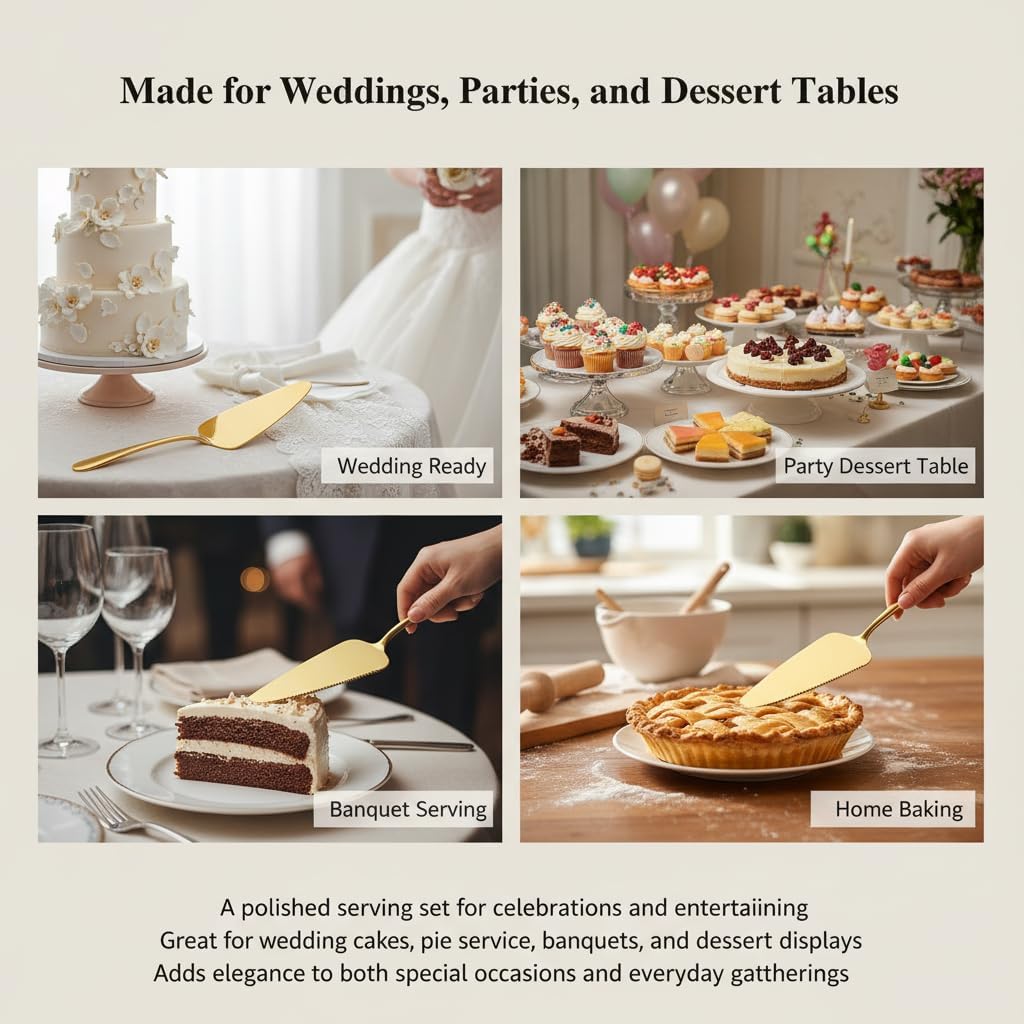 2 PCS Gold Cake Server Set, Stainless Steel Serrated Pie Cutter and Server with Mirror Finish for Wedding, Party, Dessert Buffet, Banquet - 8.9 Inch Elegant Serving Tools