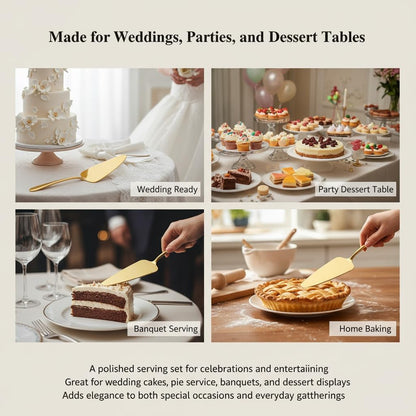 2 PCS Gold Cake Server Set, Stainless Steel Serrated Pie Cutter and Server with Mirror Finish for Wedding, Party, Dessert Buffet, Banquet - 8.9 Inch Elegant Serving Tools