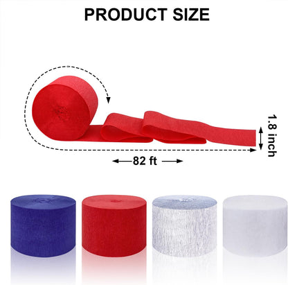 4 Crepe Paper Streamers Rolls, 328ft Pack of Red and White Crepe Paper for Birthday Baby Shower Wedding Christmas Valentines Day Party Decorations (1.8 inch x 82 ft/Roll)
