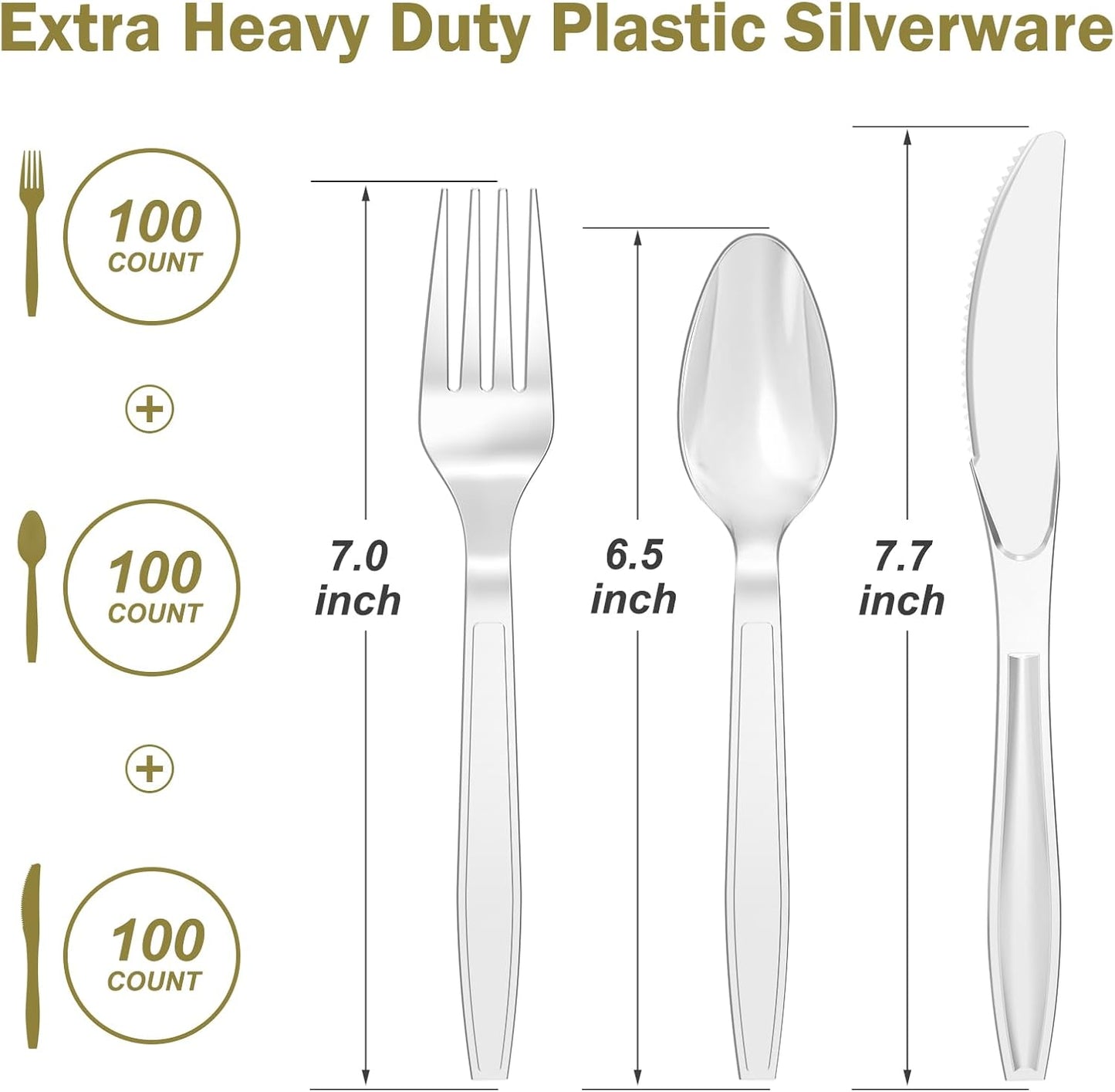 Dealusy 300 Count Extra Heavy Duty Clear Plastic Silverware, 100 Forks, 100 Spoons, 100 Knives, BPA-Free, Heat Resistant, Disposable Plastic Utensils Set, Plastic Cutlery Set, Plasticware Bulk