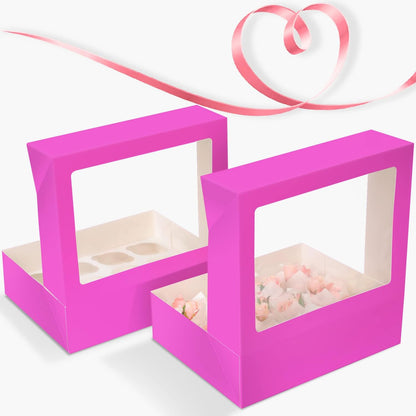 Bakepacker Auto-pop Up Cupcake Boxes with Window White 20PCS 12 Count Cupcake Box 13"x10"x3.5" Cupcakes Carrier, 12 Cupcake Containers with rolls of pink ribbons