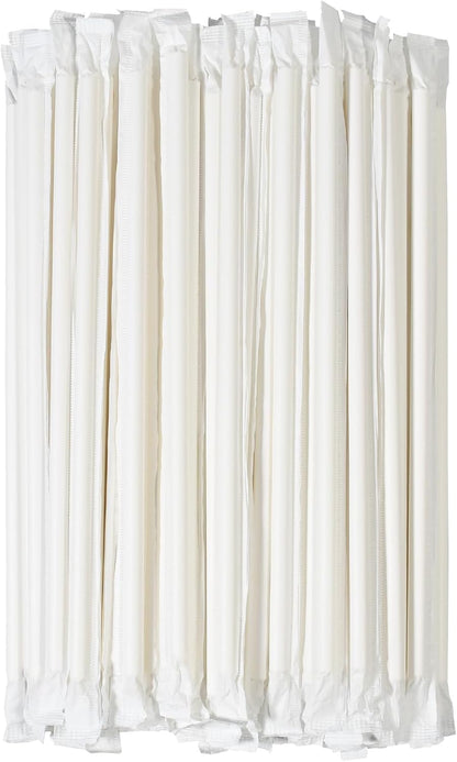 [300 Pack] Biodegradable 10 Inch Long Giant Paper Drinking Straws 8mm Wide - Individually Wrapped, Plain White