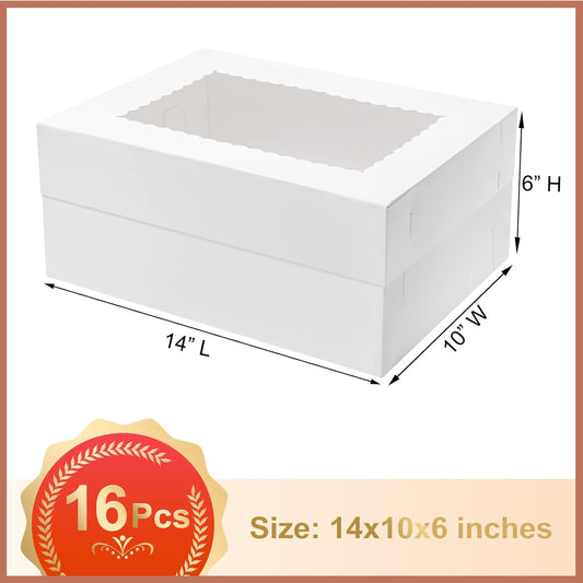 Mefleet 16pcs 14x10x6 Cake Boxes with Window Rectangle Quarter Sheet Bakery Boxes for Pastry Baking Cake, Cupcakes, Donuts, Cookies, Pie Treat Packaging White Large