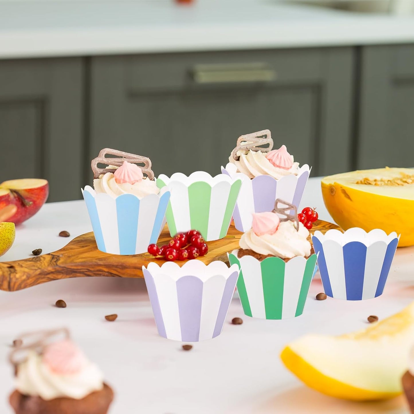 Whaline 48Pcs Colorful Striped Cupcake Wrappers Paper Cupcake Liners Scalloped Dessert Holders for Birthday Baby Shower Wedding Party Supplies, 8 Designs