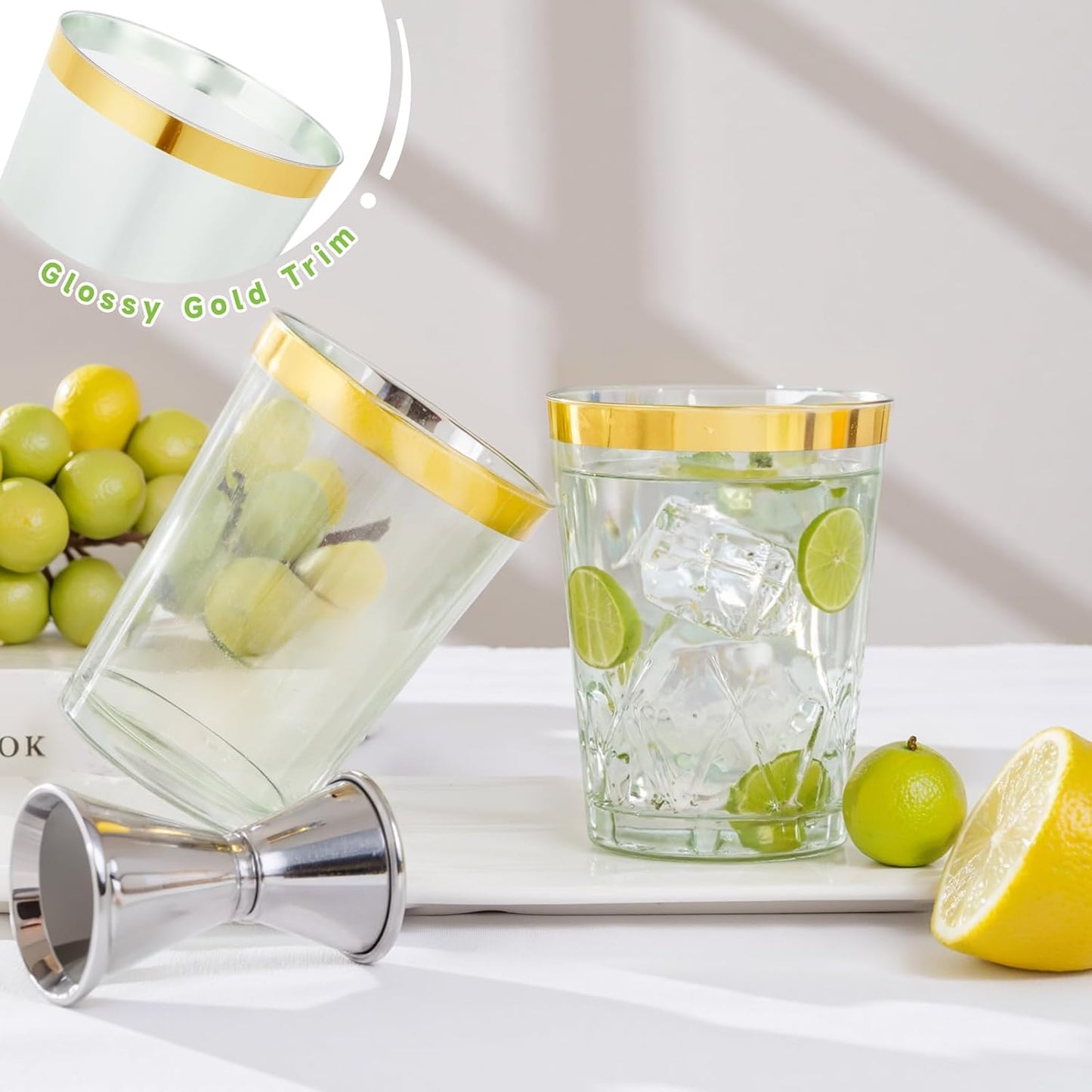 supernal 100pcs Gold Plastic Cups 12 oz, Glitter Clear Disposable Cups Heavy Duty, Fancy Plastic Cocktail Tumblers for Wedding, Parties Champagne & Mixed Drinks