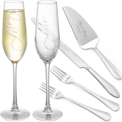Wedding Cake Knife and Server Set, Mr and Mrs Champagne Flutes & Forks with Giftable Box, Cake Cutting Set for Wedding Engagement Bridal Shower Gifts (Silver)