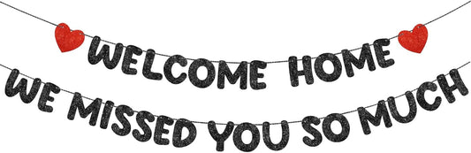 Fulmoon Pre Strung Welcome Home We Missed You So Much Banner Glitter Welcome Home Sign for Party Decorations Military Army Returning, Homecoming, Family(Black,Red)