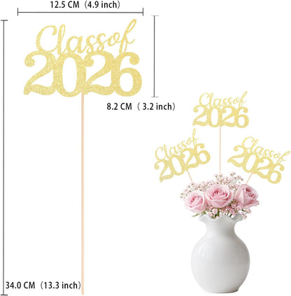 Gold Class of 2026 Double-sided Graduation Table Centerpieces, 12 Pcs Grad Party Decorations with Sticks, Graduation 2026 Party Supplies for Table Decor