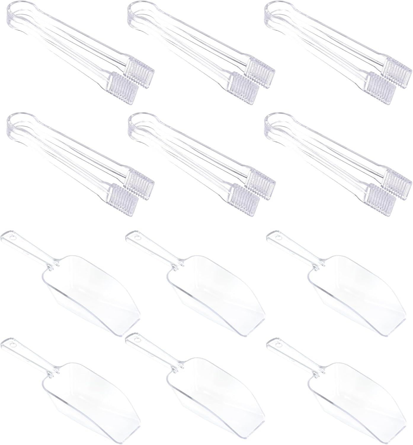 12Pcs Clear Plastic Ice Scoops Tongs Set, Small Tongs for Serving Food, Mini Candy Scoops for Candy Buffet Dry Goods Freezer Bin Canisters (Clear Pink)