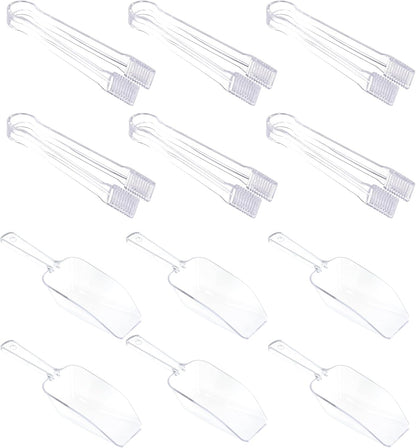 12Pcs Clear Plastic Ice Scoops Tongs Set, Small Tongs for Serving Food, Mini Candy Scoops for Candy Buffet Dry Goods Freezer Bin Canisters (Clear Pink)