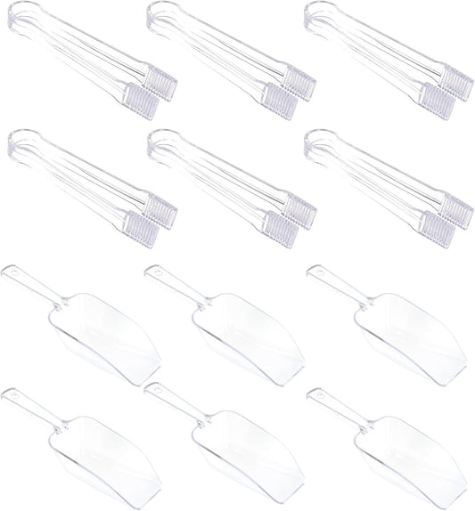 12Pcs Clear Plastic Ice Scoops Tongs Set, Small Tongs for Serving Food, Mini Candy Scoops for Candy Buffet Dry Goods Freezer Bin Canisters (Clear Pink)