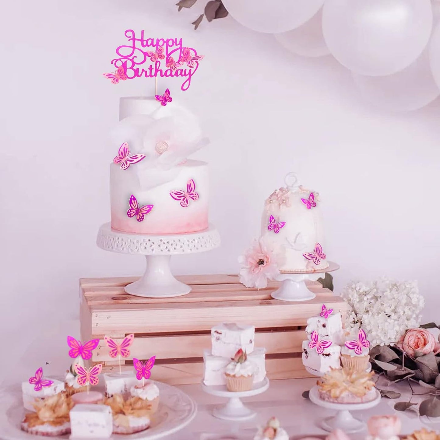 13-Pieces 3D Butterfly Cupcake Topper for Girls Women's Happy Birthday Cake Decorations Party Decorations(Pink)