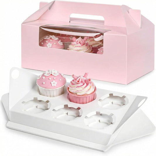 VGOODALL 8 Sets Pink 6-Count Cupcake Boxes with Handles and Inserts, 9.3 x 6 x 3.5 Inch Large Pastry Containers with Windows for Wedding, Birthday, Bakery Supplies, Professional Party Gift Boxes