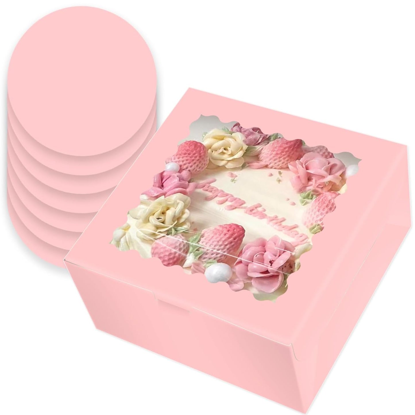 qiqee 10x10x5 Cake Box, 4 Sets Pink Cake Box with Window ＆ 4 Sets 10" Pink Cake Round Boards, 10inch Cake Containers