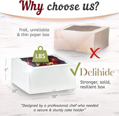 Premium Cake Boxes with Cake Boards Set - 12 Front-Loading Sturdy Cardboard Cake Boxes 10", 12 White/Gold Greaseproof Boards 10 Inch - Window Cake Box Set