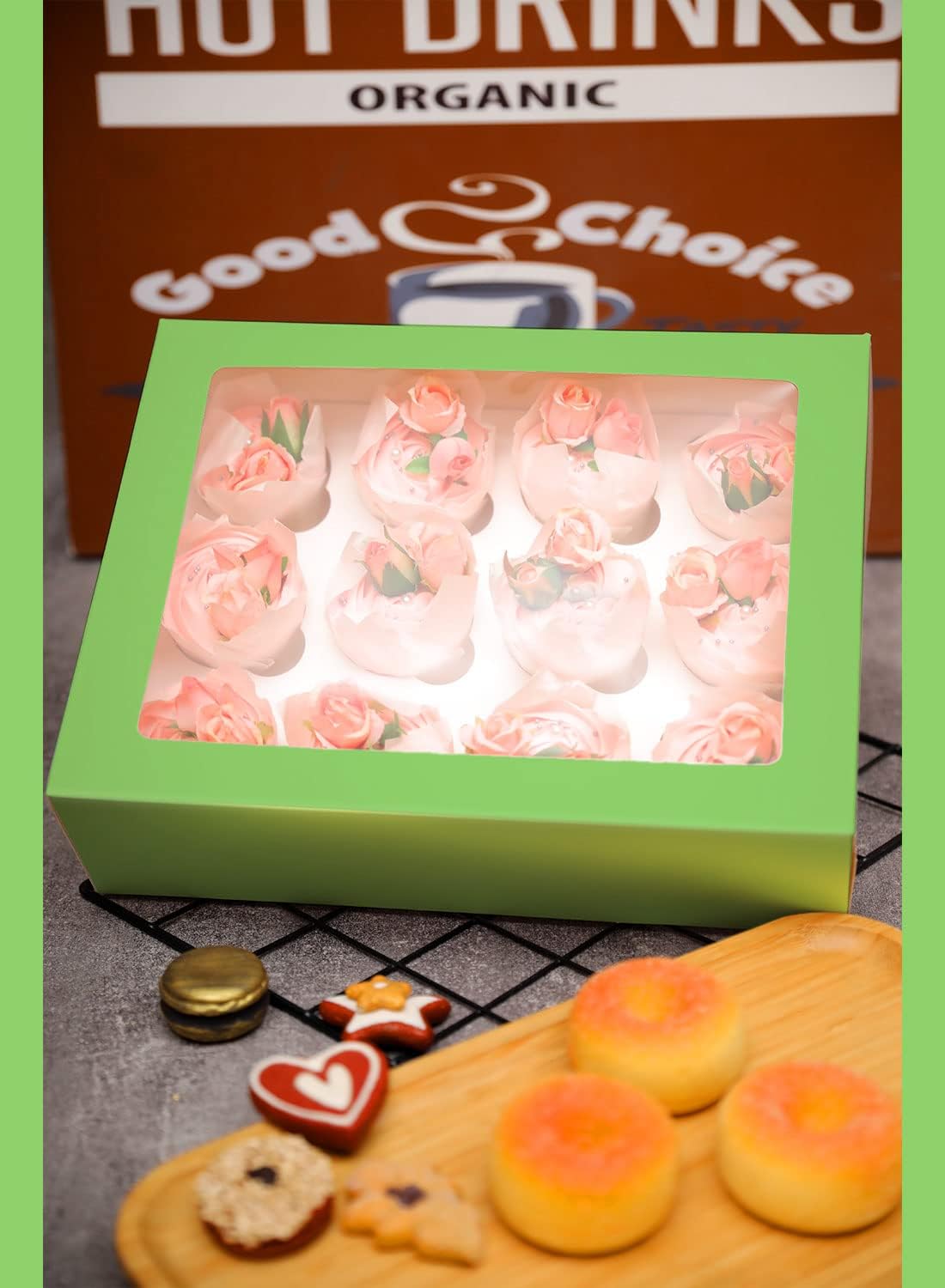 Bakepacker Auto-pop Up Cupcake Boxes with Window White 20PCS 12 Count Cupcake Box 13"x10"x3.5" Cupcakes Carrier, 12 Cupcake Containers with rolls of pink ribbons