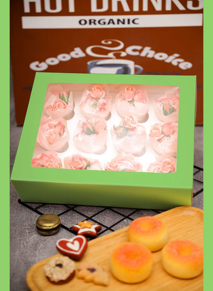 Bakepacker Auto-pop Up Cupcake Boxes with Window White 20PCS 12 Count Cupcake Box 13"x10"x3.5" Cupcakes Carrier, 12 Cupcake Containers with rolls of pink ribbons