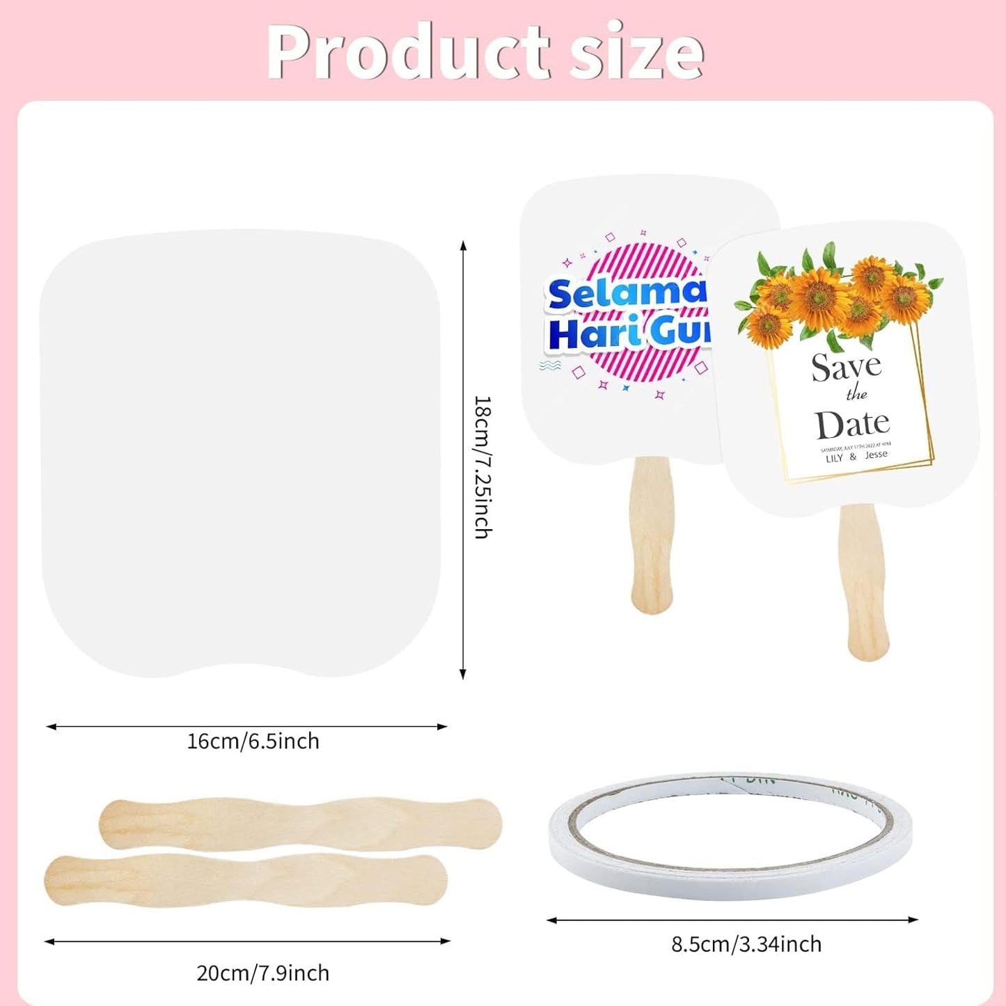 94 Pcs Church Fans Handheld Set, 60 Cardstock Paper Fans with 30 Wavy Wooden Sticks and 4 Rolls of Double-Sided Tape, Handheld Blank White Cardstock for DIY Crafting Painting Custom Fans