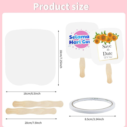 94 Pcs Church Fans Handheld Set, 60 Cardstock Paper Fans with 30 Wavy Wooden Sticks and 4 Rolls of Double-Sided Tape, Handheld Blank White Cardstock for DIY Crafting Painting Custom Fans