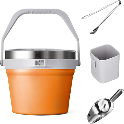 COKTIK 7L Vacuum Insulated Ice Bucket with Lid and Scoop& Tongs，Large capacity Stainless Steel Beverage Bucket for Cocktail, Champagne, Wine, Beer，Large Parties（Milk White Suit）