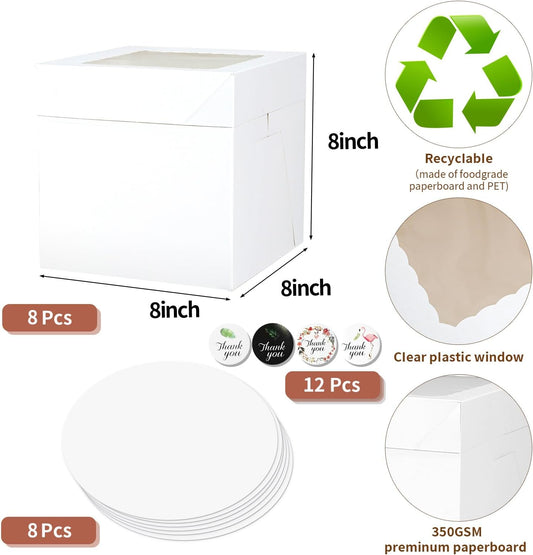 16pcs 8x8x8 Inches Cake Boxes,8pcs White Bakery Boxes with Window and 8pcs Boards,Cajas storage for 8 inch Cake box, Disposable Pie Box, Father's Day,Wedding, Birthday, Party