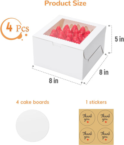4pcs 6 Inch Cake Boxes with Sticks and Boards for Cookies, Small Cakes, Mini Desserts, Bento, and Bakery, Cupcake Box for Birthday, Party, Wedding, Mother's Day, Christmas（6x6x5 inch）