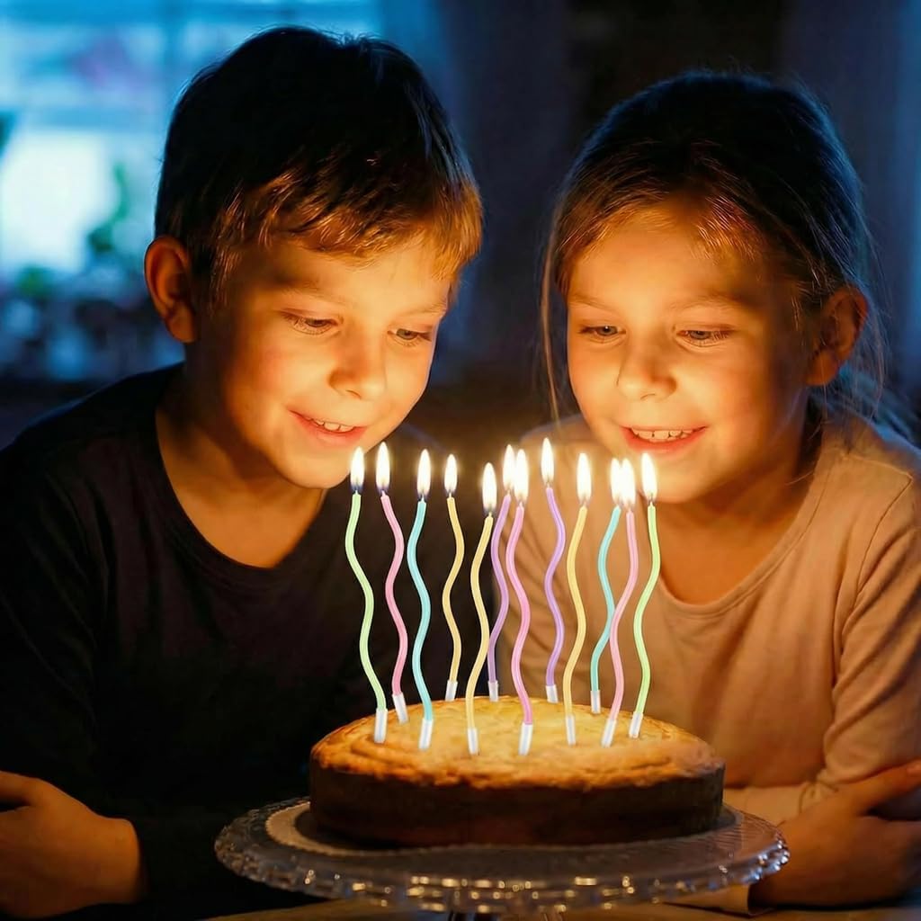 12-Count Spiral Birthday Candles, Long Twisty Gold Party Candles with Candle Holders, Long Burning for Weddings, Birthdays, Party Decorations, Cupcakes, Anniversary and Meetups (Gold)