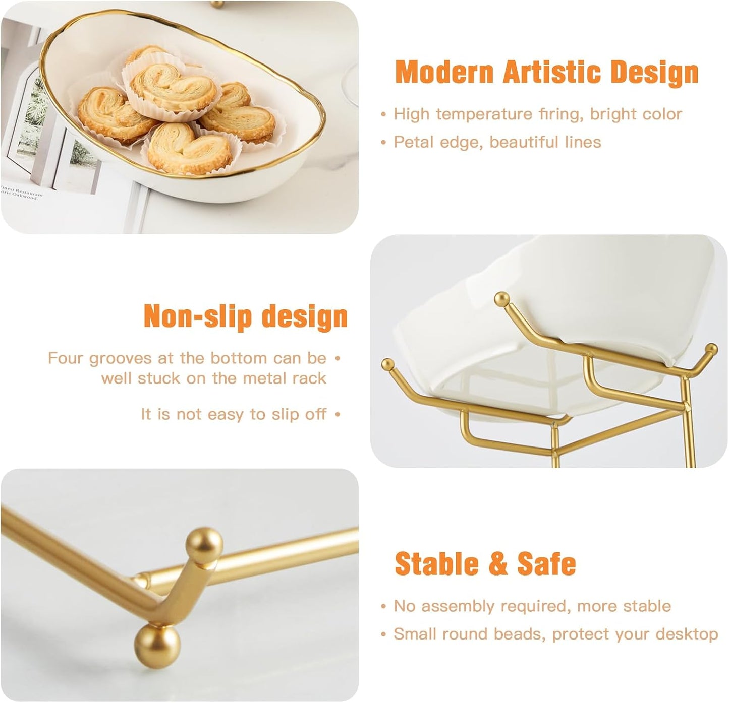 Ceramic Fruit Bowl for Kitchen Counter - 3 Tier Fruit Basket with Metal Stand, Tiered Fruit Stand for Countertop, Snack, Nuts, Cake, Dessert, Cute (Gold, Small) 1