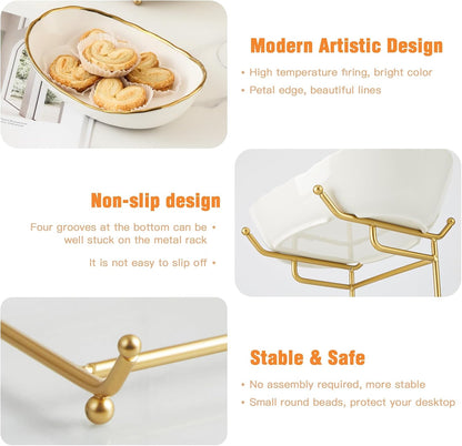 Ceramic Fruit Bowl for Kitchen Counter - 3 Tier Fruit Basket with Metal Stand, Tiered Fruit Stand for Countertop, Snack, Nuts, Cake, Dessert, Cute (Gold, Small) 1