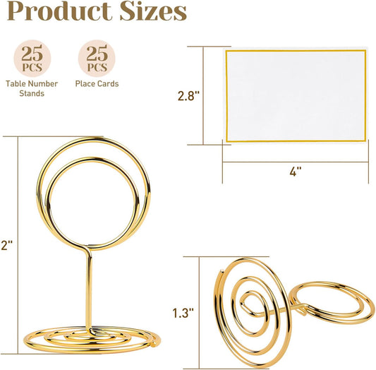 MAXECHO 25 Pack Gold Table Number Holders with 25 Place Cards, Name Cards, Food Labels Tags, Sign Stand for Party Buffet, Mini Photo Picture Holder, Wedding Reception, Birthday, Centerpieces