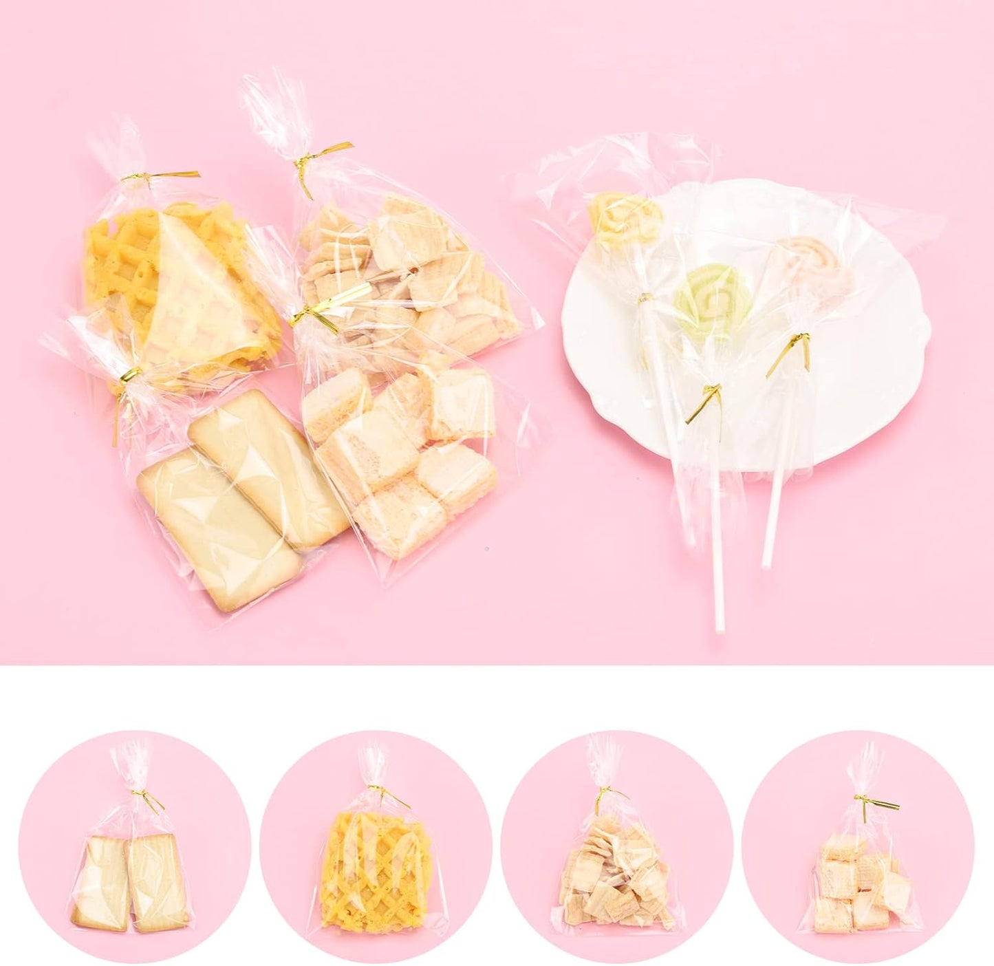 600 Pcs Cake Pop Sticks and Wrappers Kit, Including 6 Inch Paper Lollipop Sticks，4 x 6 Inches Clear Candy Treat Bags, Plastic Cake Pop Bags and Gold Twist Ties Chocolate Pops Making Accessories