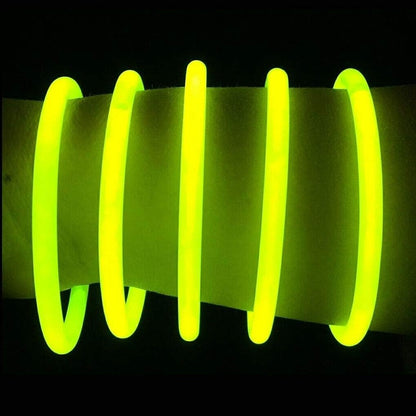 Glow Sticks Bracelets Bulk Wholesale, 100 8” Yellow Glow Bracelets, Bright Color, Glow 8-12 Hrs, 100 Connectors Included, Glow Party Favor Supplies, Sturdy Packaging, Great Fun.