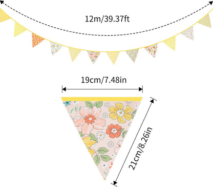 jijAcraft 39Ft Triangle Bunting Banner, 42Pcs Tea Floral Party Bunting Cotton Fabric Flags Pennant Garlands for Birthday Party, Wedding, Baby Shower, Outdoor and Home Decorations (Pink)