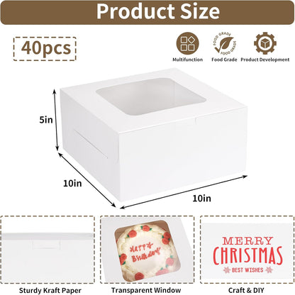 Moretoes 24pcs Cake Boxes, 10x10x5 Inches White Square Bakery Boxes with Window Cajas Pasteles for Cake, Mother's Day, Pastries, Chocolates, Cookies, Pie, Birthday Party, Wedding, Graduation