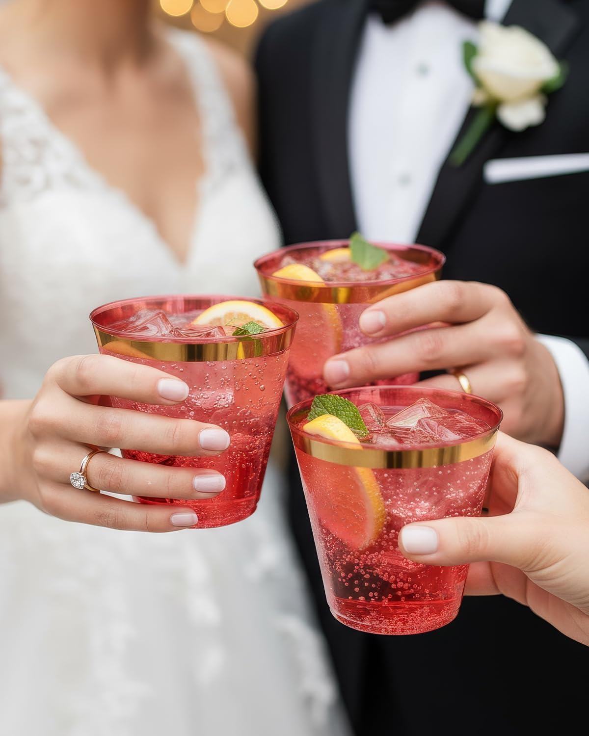 Goodluck 100PCS 9oz Gold Plastic Cups for Party, Disposable Gold Rim Cups, Plastic Cocktail Glasses for Wedding Thanksgiving, Christmas, and Parties
