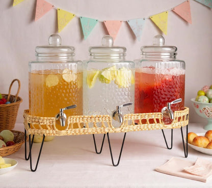 1.5 Gallon Glass Drink Dispenser for Parties 3 PACK Beverage Dispensers with Stand, Glass Water Jug Dispenser, with 18/8 Stainless Steel Spigot, Great for Party, Wedding, Picnic, BBQ Wicker Design