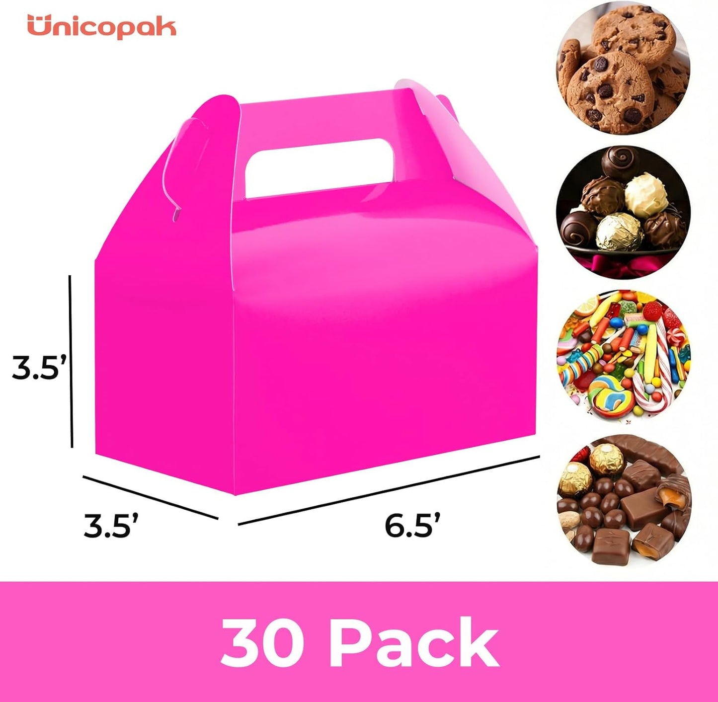 UnicoPak 30 Pack Party Favor Boxes Treat Boxes, White Gable Gift Boxes for Party Favors Goodies Cookies Treats Candies Meals Lunch, 6.5x3.5x3.5 Inches