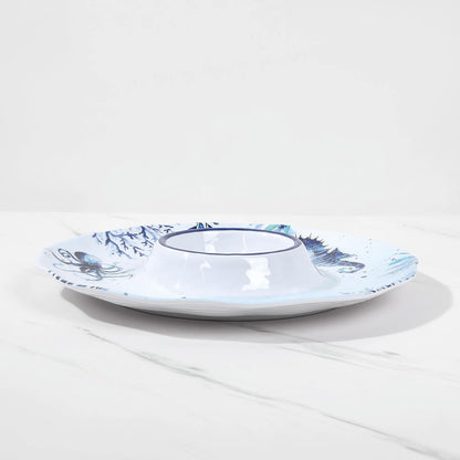 UPware Sea Life Melamine Chip and Dip Serving Tray, Round Serving Platter for Chips, Salsa, Fruit, and Snacks, Multicolor, 13.5 Inch