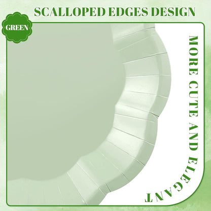 NatNarr 30 Pcs Sage Green Paper Plates, 7 Inch Scalloped Paper Plates Small Dessert Cake Plate Cute Party Plate Disposable Sage Greens Party Supplies for Wedding, Baby Bridal Shower, Birthday