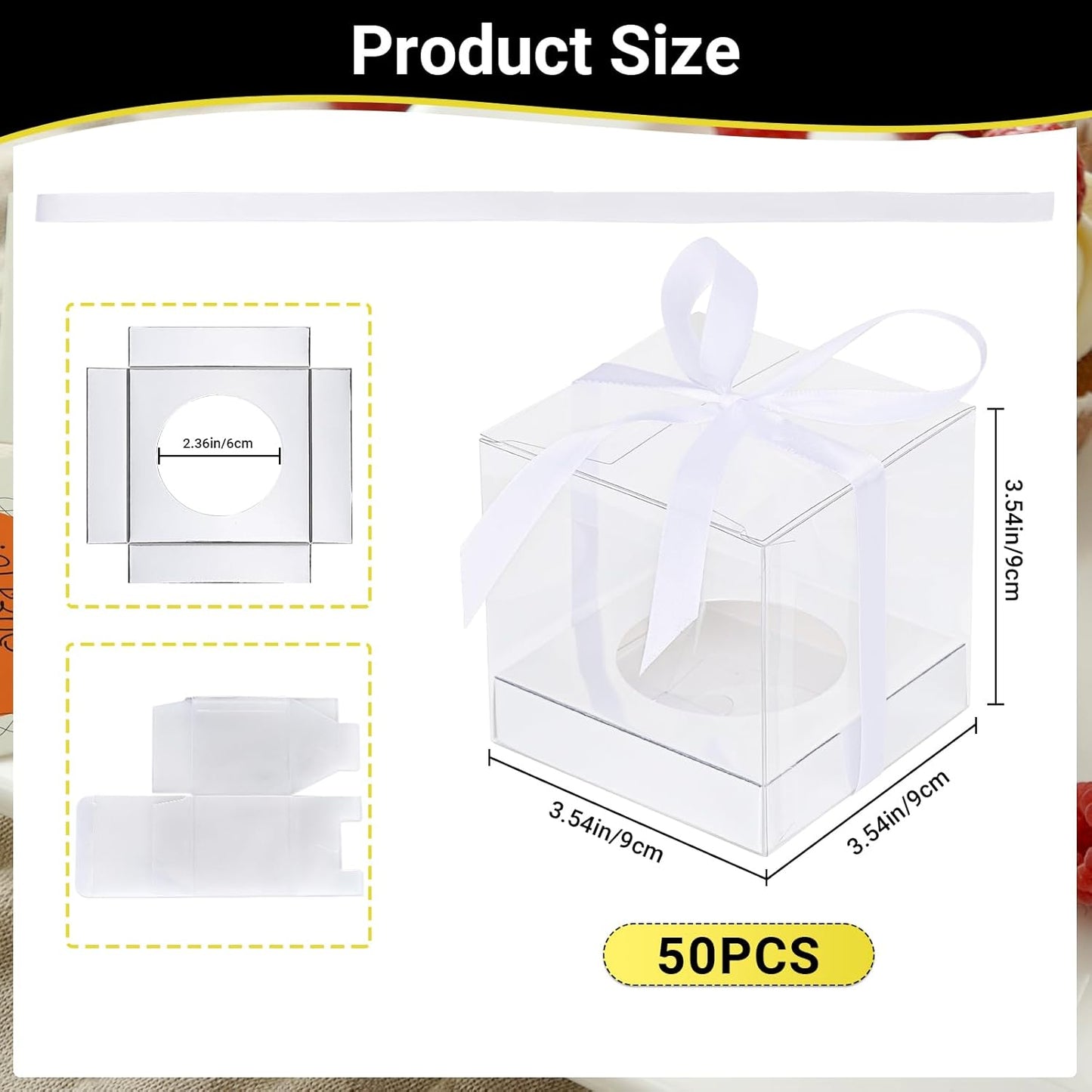 EUSOAR Individual Cupcake Holder, 50pcs 3.5 Inch Plastic Black Cupcake Containers with Lids, Single Transparent Display Clear Cupcake Carrier with Ribbon and Inserts for Wedding Party Favor