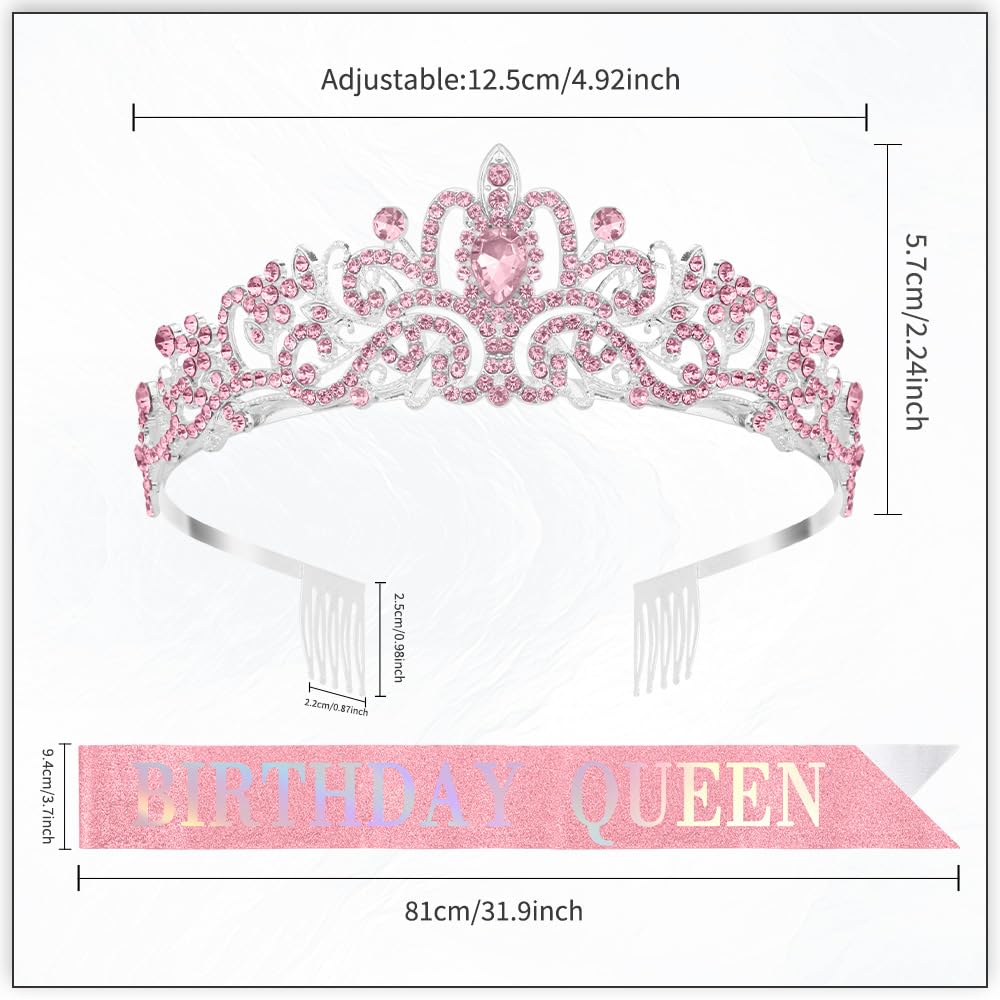 Birthday Sash for Women,Birthday Crown Tiaras for Women,Gold Rhinestone Queen Sash and Crown Tiara Headband for Party Decorations