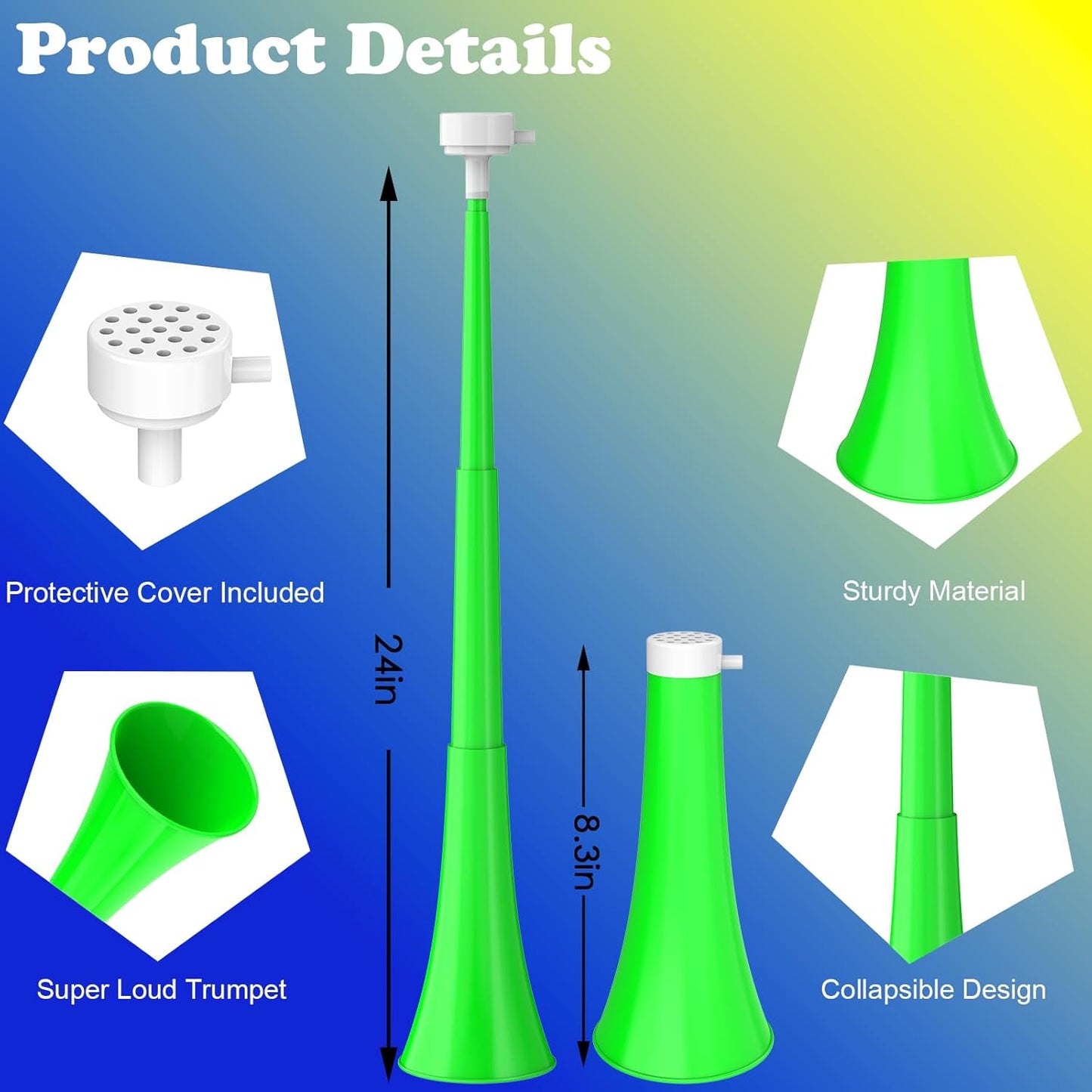 Collapsible Stadium Horn 24 Inch Vuvuzela Noise Makers Plastic Cheering Trumpet Blow Horns Noisemakers for Sporting Events Football Games School Sports Party Supplies Favors Accessories