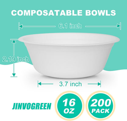 JINVOGREEN 200 Count 12 oz Paper Bowls, Disposable Compostable Bowls Bulk, Heavy Duty Biodegradable Bagasse Bowl for Snacks, Soup, and Salads, White