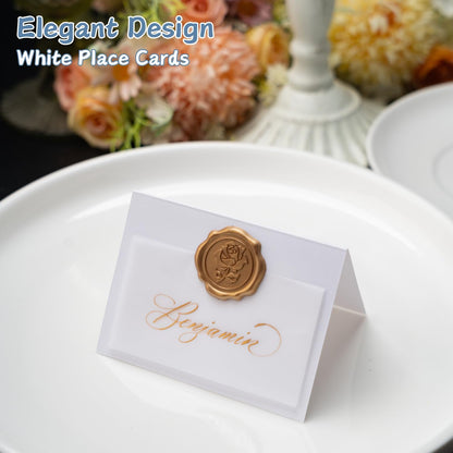 25 Pack Name Cards for Table Setting, Printable Place Cards with Antique Gold Rose Wax Seal Sticker for Wedding, Table Tent Card Stock Decor for Party, Dinner, Home(Pearlized Champagne Gold)