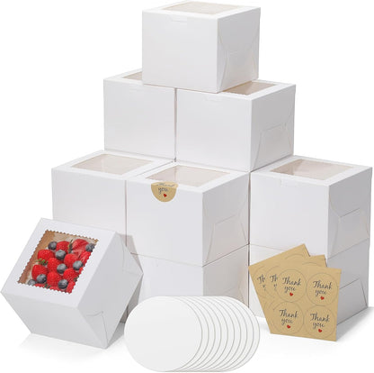 4pcs 6 Inch Cake Boxes with Sticks and Boards for Cookies, Small Cakes, Mini Desserts, Bento, and Bakery, Cupcake Box for Birthday, Party, Wedding, Mother's Day, Christmas（6x6x5 inch）