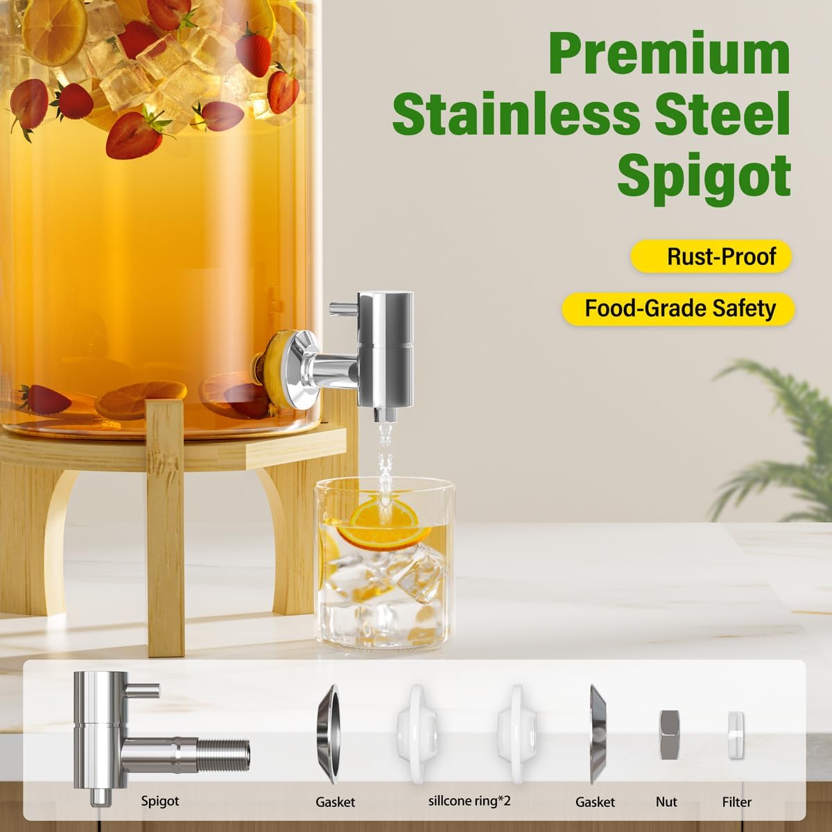 1 Gallon Glass Drink Dispenser For Parties, Beverage Dispenser With Bamboo Wood Stand And Stainless Steel Spigot, Countertop Water Dispenser, Lemonade Dispenser For Wedding, Picnic (2PACK)